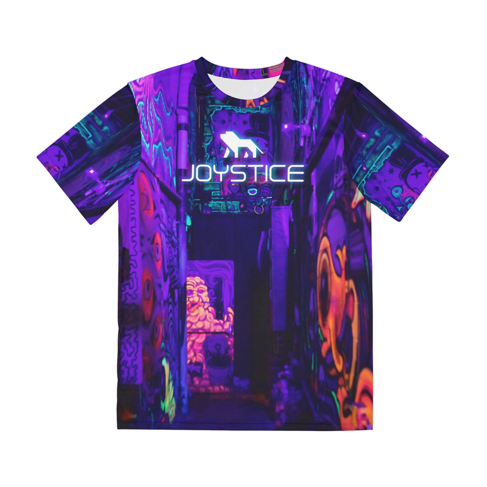 Purple neon alleyway bright abstract art all over print shirt with fierce lion logo front view.