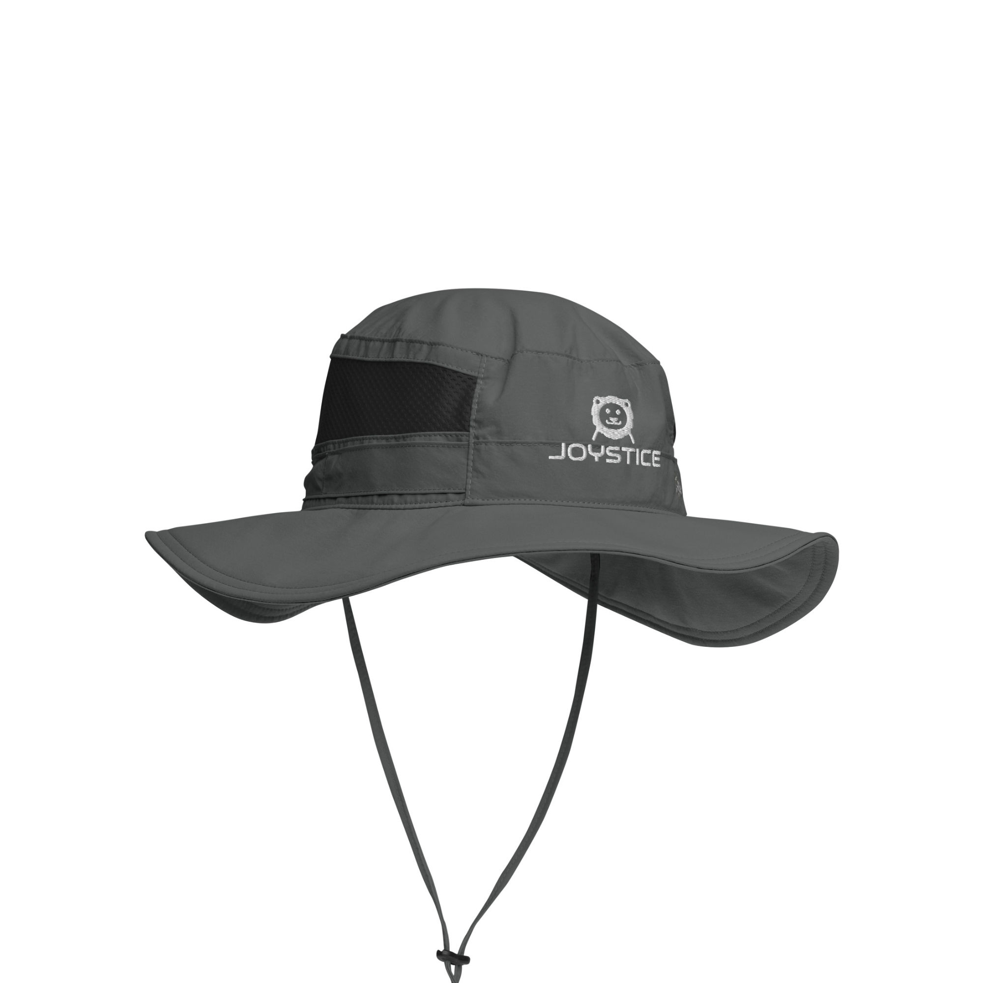 Joyful lion embroidered emblem logo Boonie style grey hat side view.