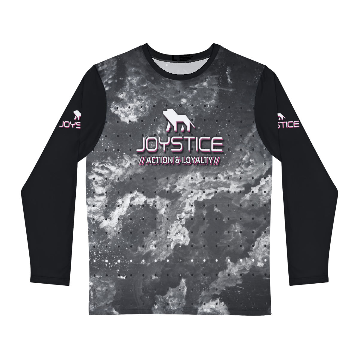 Fierce Logo Action And Loyalty Print Black And White Splotchy Long Sleeve Tee Front View