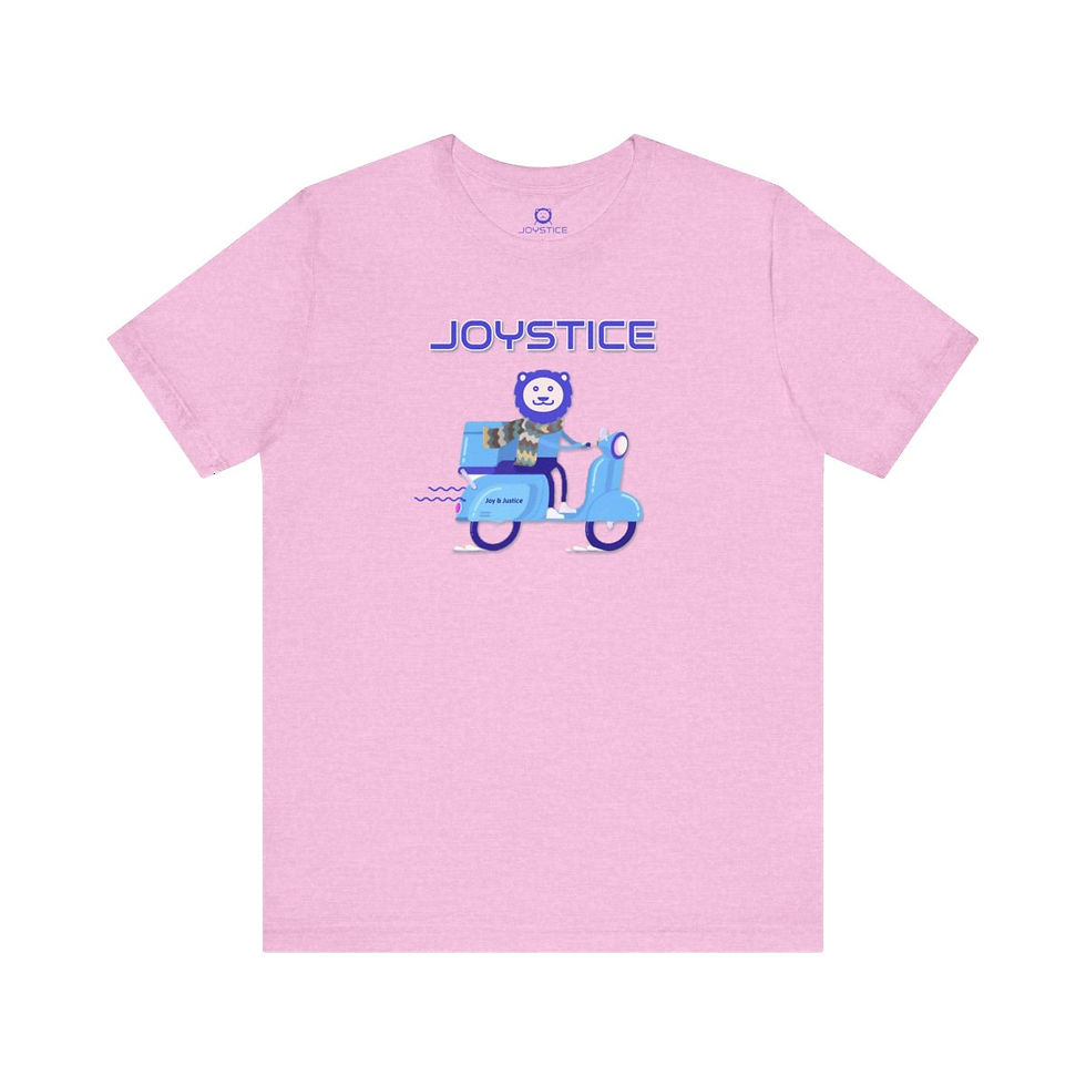 Thumbnail: Joyful lion riding moped hurriedly print bright pink color shirt front view