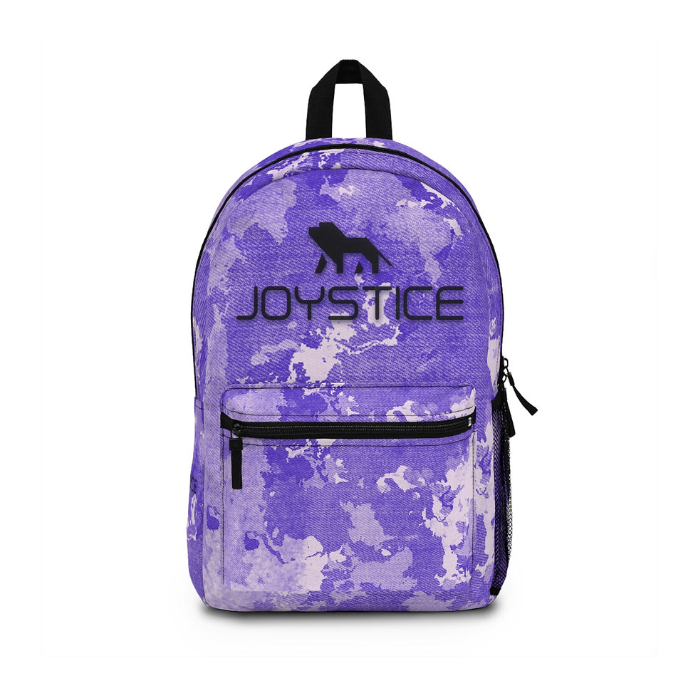 Fierce lion logo purple continents camo print backpack front view.
