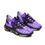 Thumbnail: Joyful llon logo purple and turquoise running shoes with Bible verse print outside both shoes angle view.