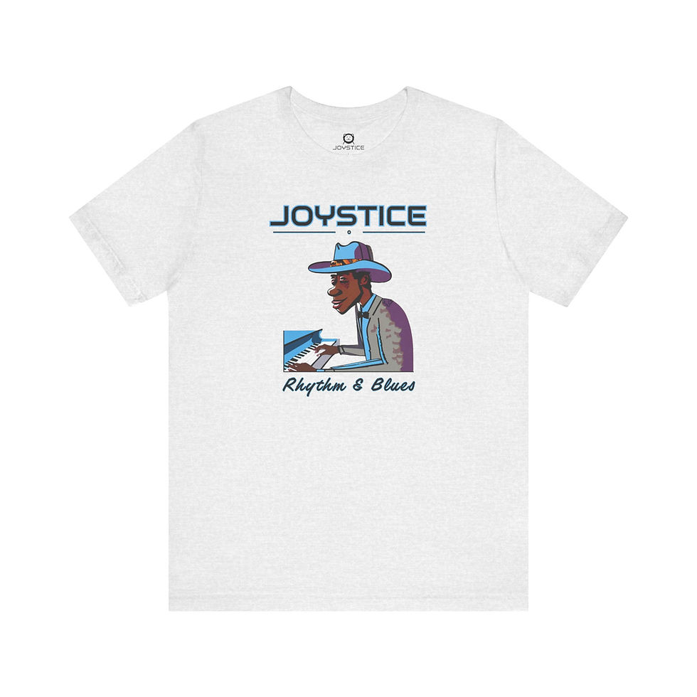 Thumbnail: Funny cowboy playing piano with Rhythm & Blues text light grey shirt front view.