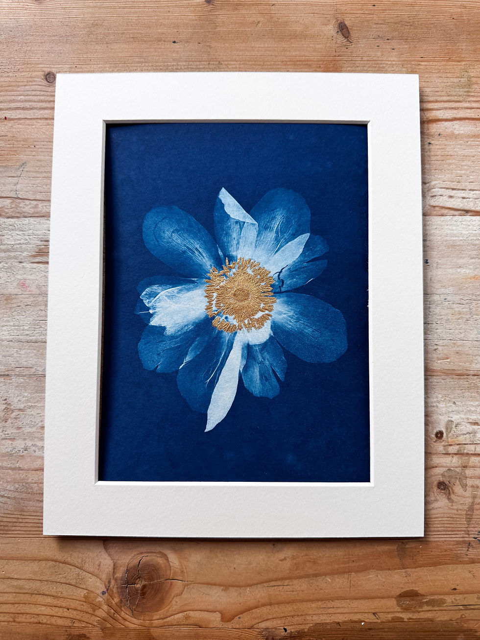 Framed/styled shot: Framed Peony cyanotype print, Sun Garden Collection wall art