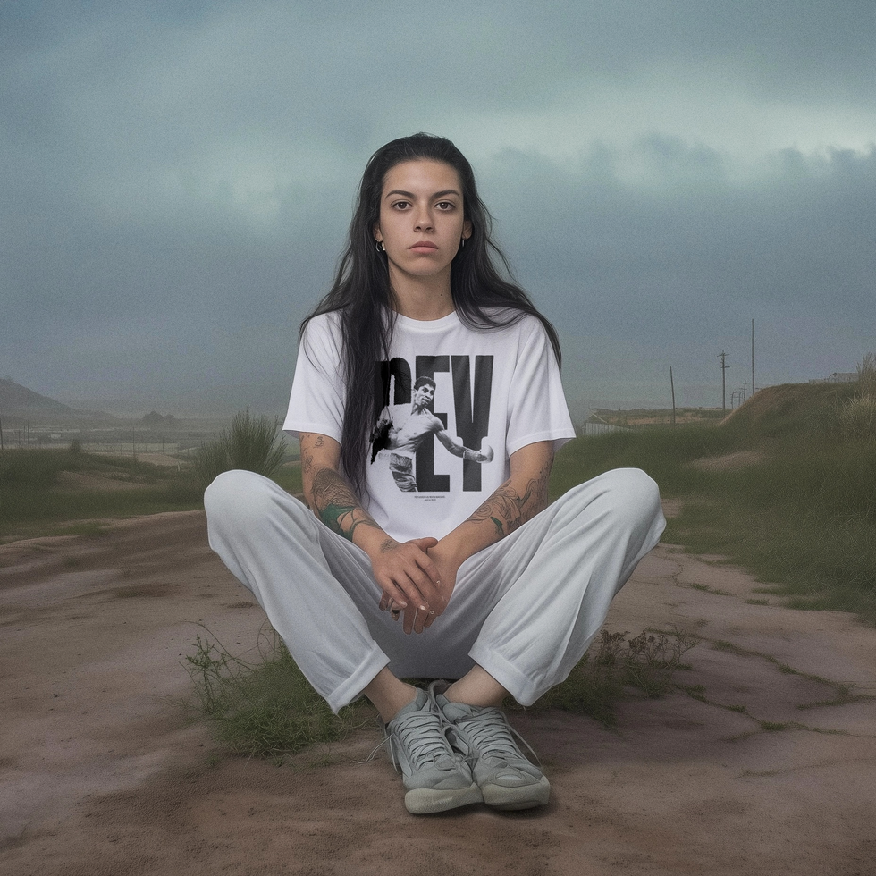 Model wearing white Rey Vargas vs Mark Magsayo fight tee with bold black graphic, sitting outdoors