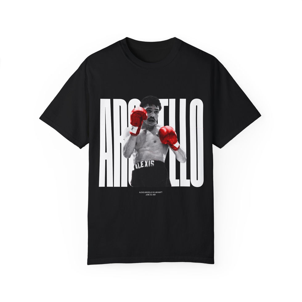 Alexis Argüello vs Jim Watt T-shirt in black featuring vintage boxing graphics, showcasing bold red boxing gloves design.