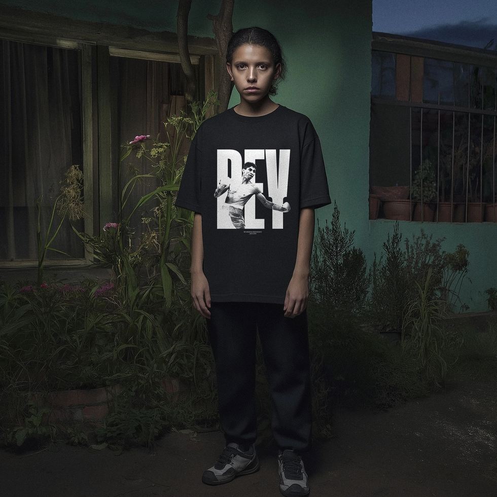 Model wearing black Rey Vargas vs Mark Magsayo fight tee with white fight graphic