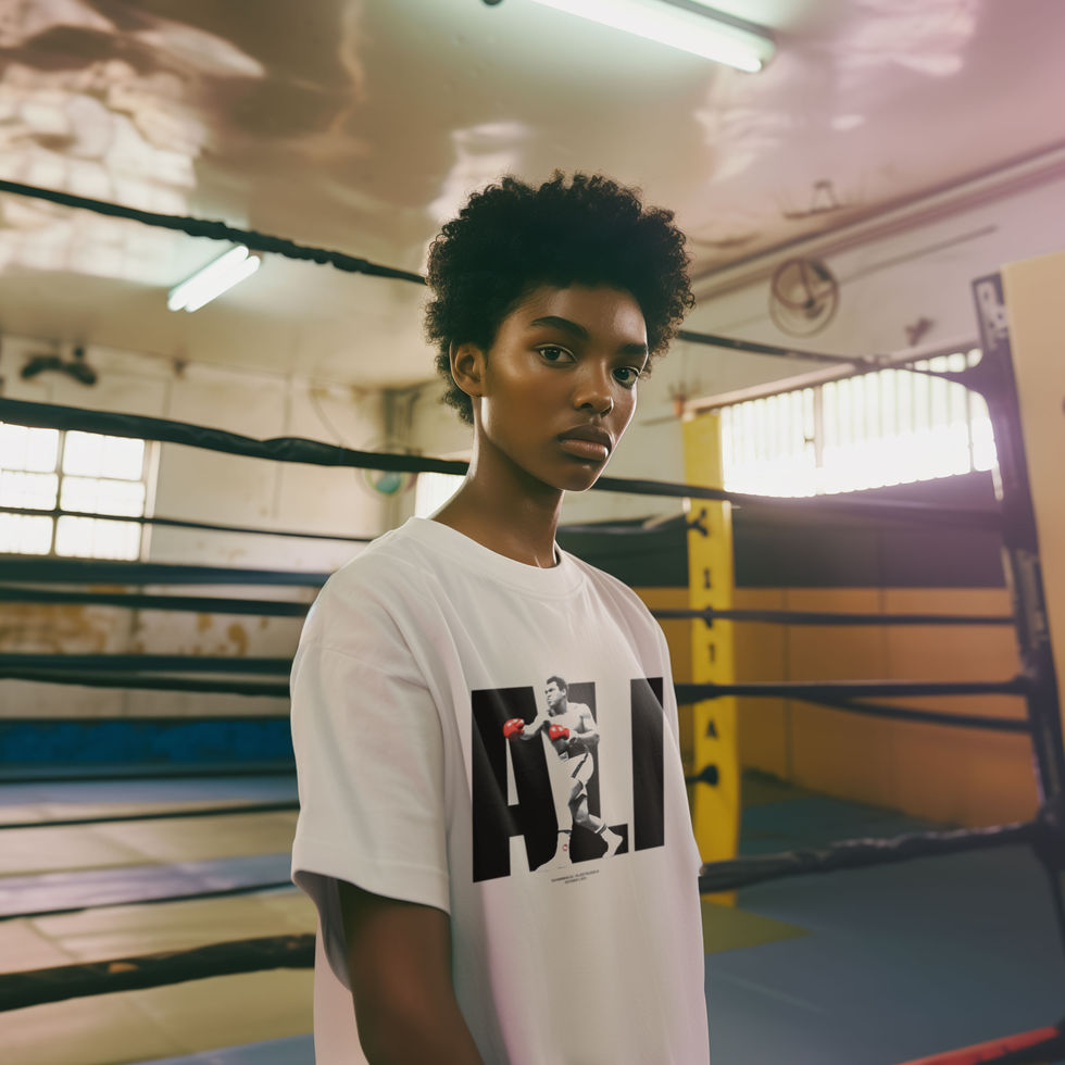 Young man wearing white Muhammad Ali boxing T-shirt with black 'ALI' graphic, standing in classic boxing gym