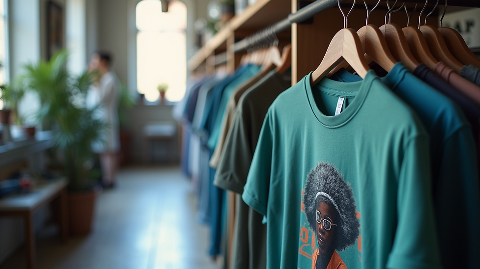 High angle view of unique graphic T-shirts displayed on a rack