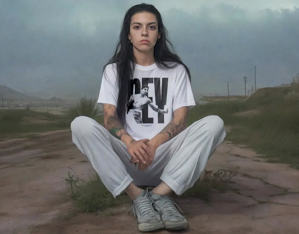 Model wearing white Rey Vargas vs Mark Magsayo fight T-shirt with bold graphic, kneeling outdoors