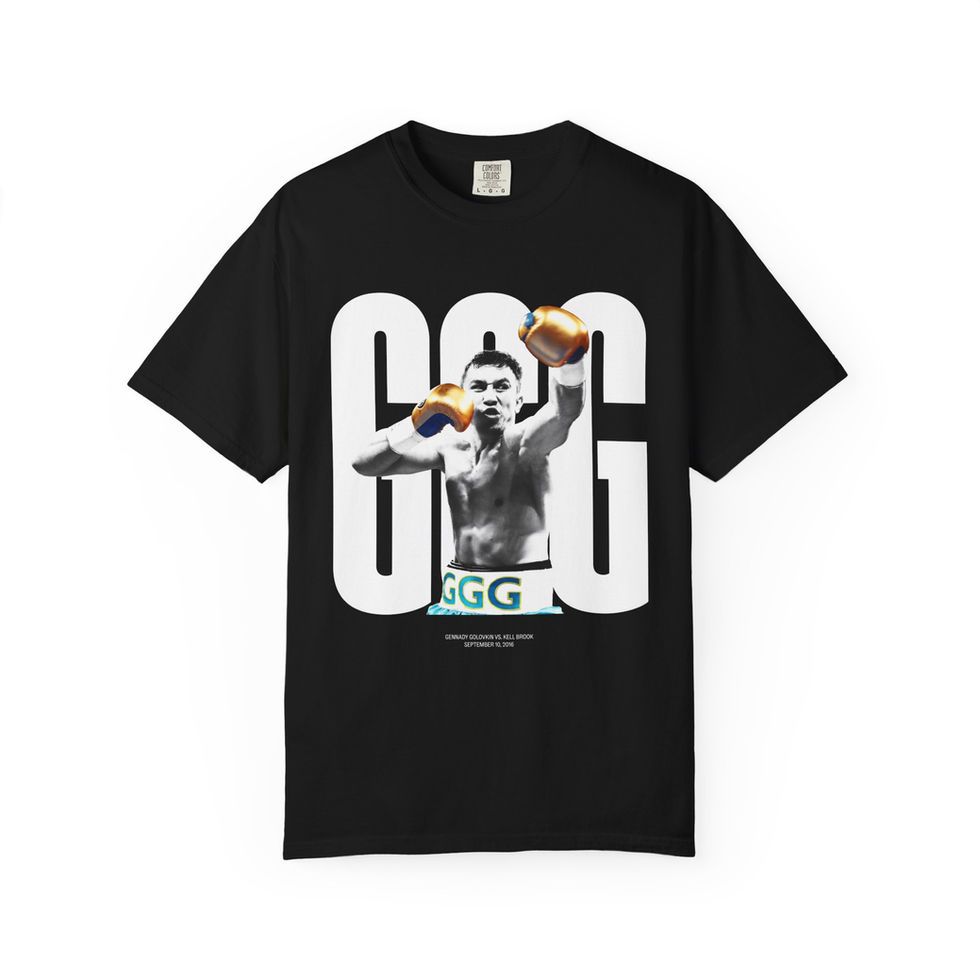 Black GGG boxing T-shirt showcasing Gennady Golovkin portrait and 'GGG' text