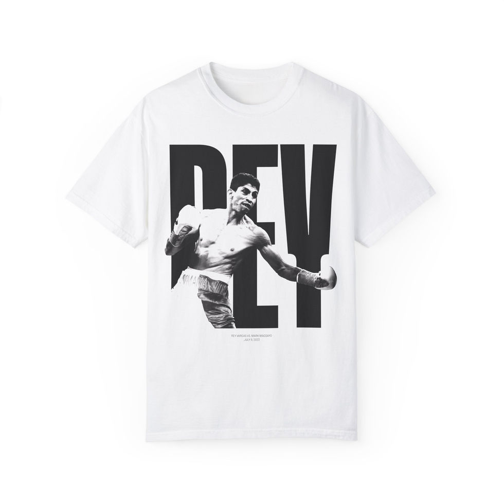 White Rey Vargas vs Mark Magsayo fight T-shirt with bold black fight graphic and large 'REV' letters