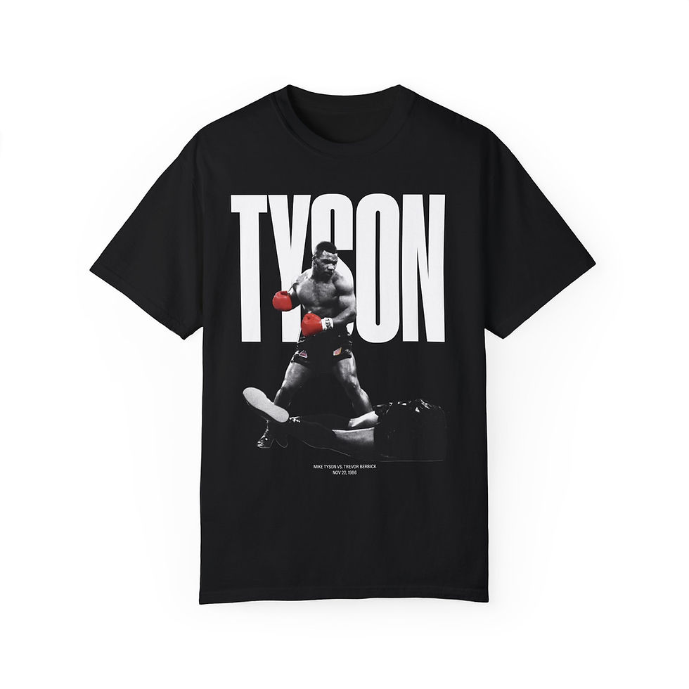 Mike Tyson vs Trevor Berbick T-Shirt in black, featuring Tyson in his 1986 heavyweight victory pose with bold “TYSON” text.