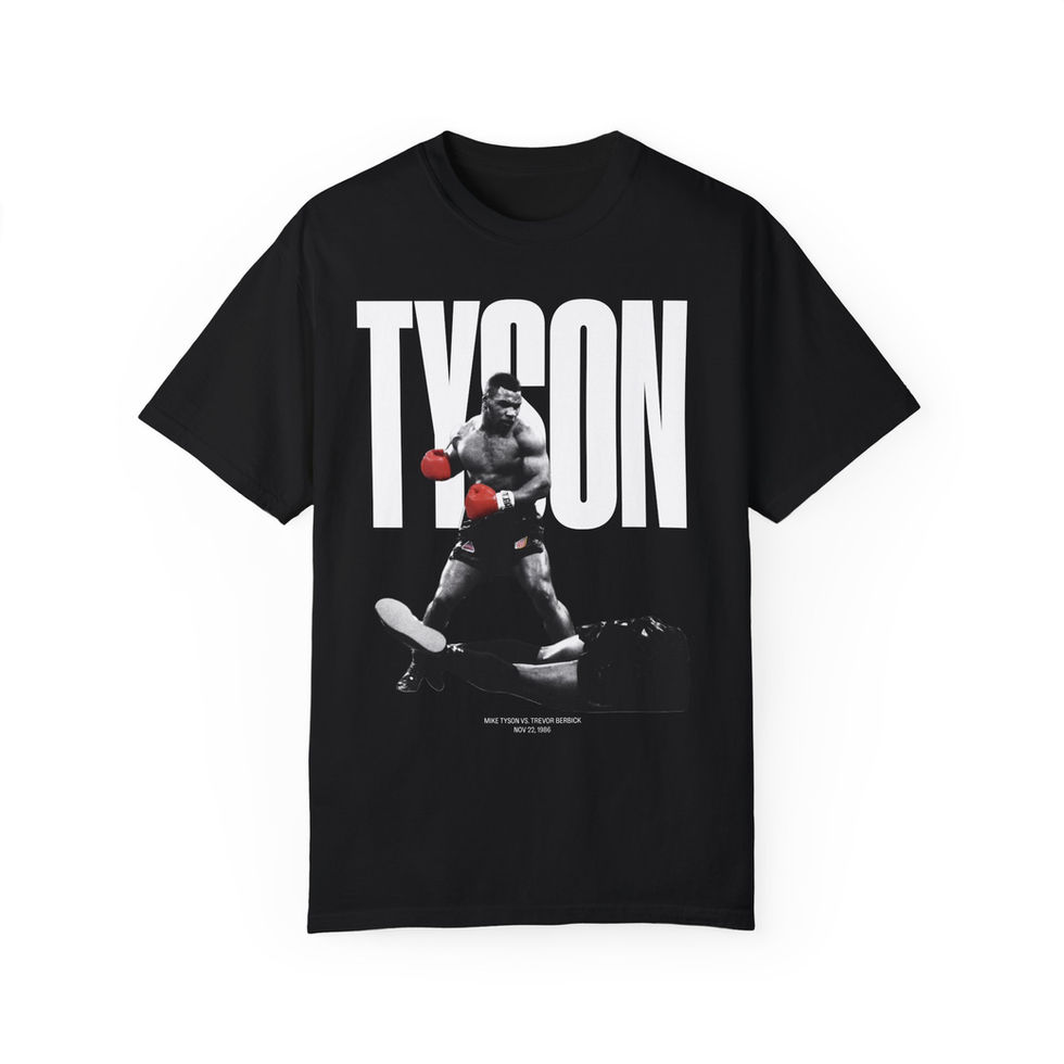Mike Tyson vs Trevor Berbick T-Shirt in black, featuring Tyson in his 1986 heavyweight victory pose with bold “TYSON” text.