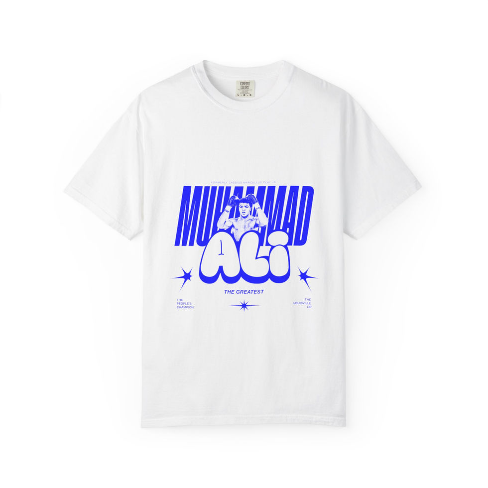 White Muhammad Ali retro graphic T-shirt with bold blue lettering and star design