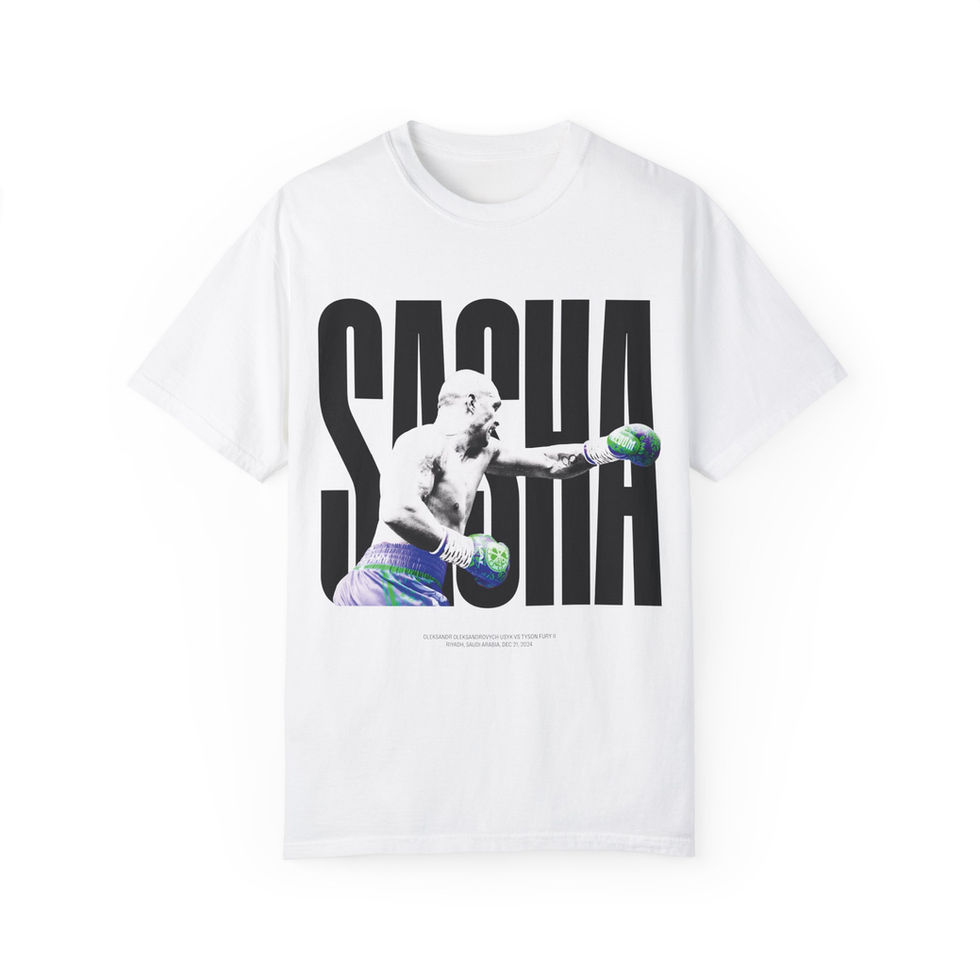 White Oleksandr Usyk vs Tyson Fury II boxing match T-shirt featuring bold black fight graphic