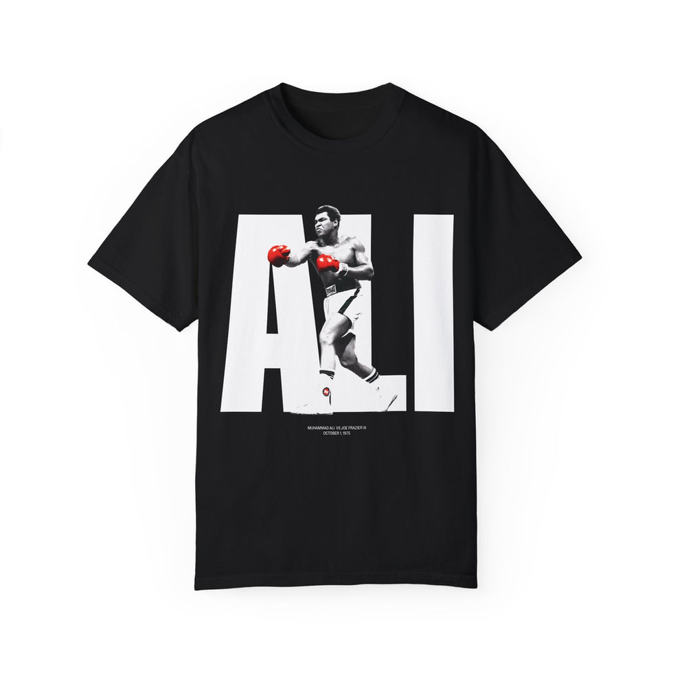 Black Muhammad Ali boxing T-shirt with white silhouette of Ali's famous victory pose, flat lay on grey background
