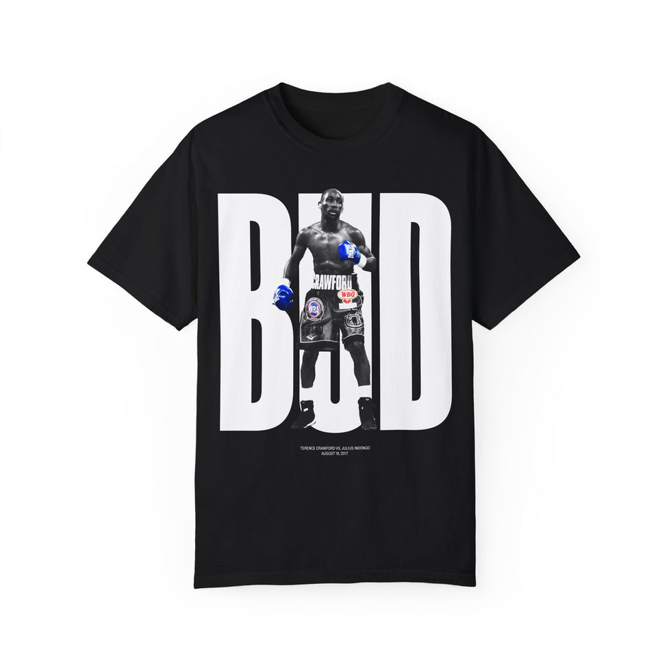 Flat-lay image of the Terence Crawford BUD boxing t-shirt in black, featuring a bold print of the legendary boxer.