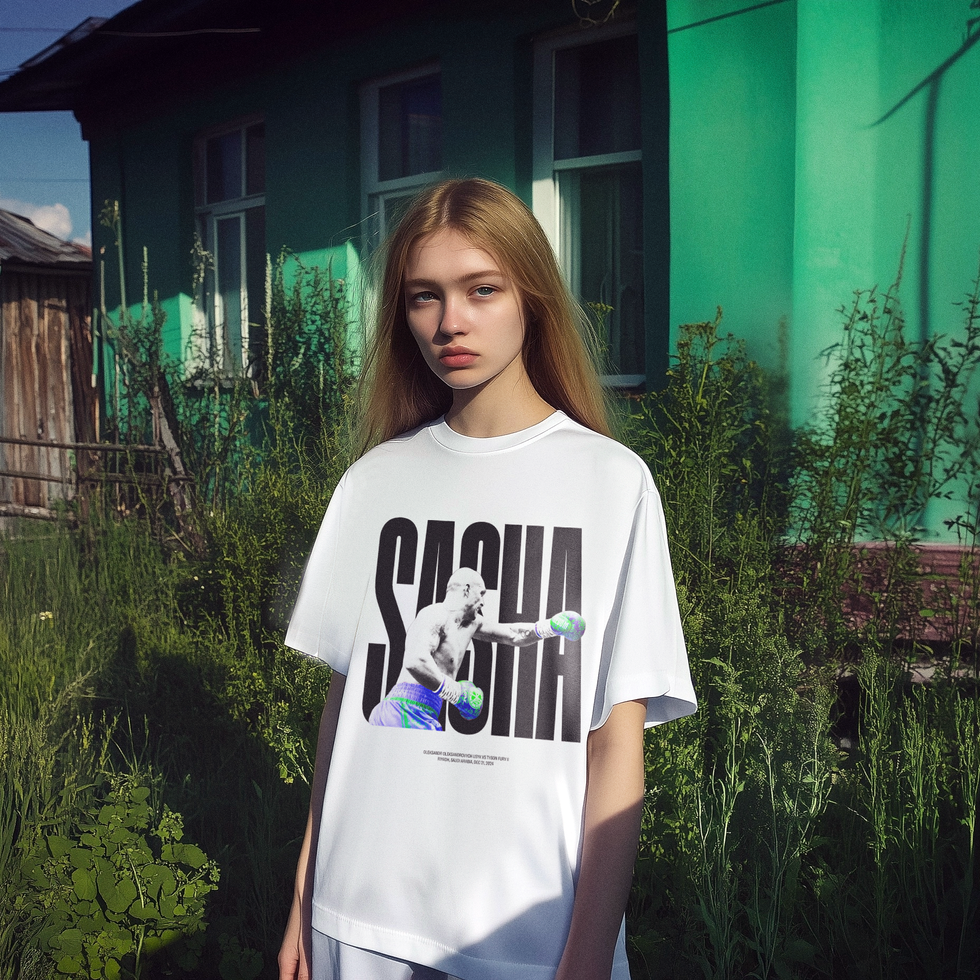 Model wearing black Oleksandr Usyk vs Tyson Fury II boxing T-shirt with white graphic, front view