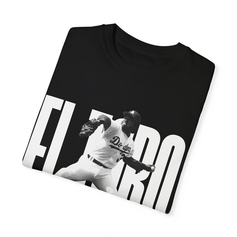 Black T-shirt featuring Fernando Valenzuela pitching during Game 3 of the 1981 World Series.