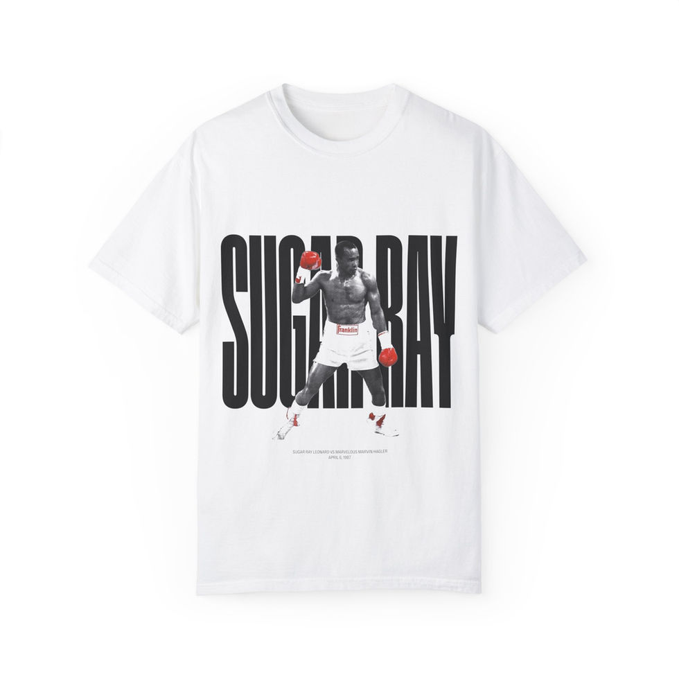 White Sugar Ray Leonard vs Marvelous Marvin Hagler boxing T-shirt featuring fight graphic with Sugar Ray in ring and bold bla