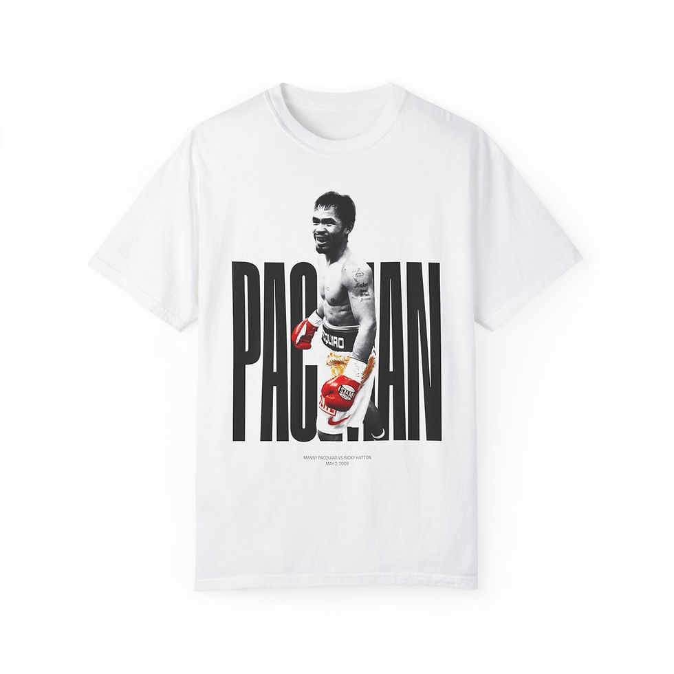 A white Manny Pacquiao T-shirt featuring an iconic image of the Filipino boxing legend in action.