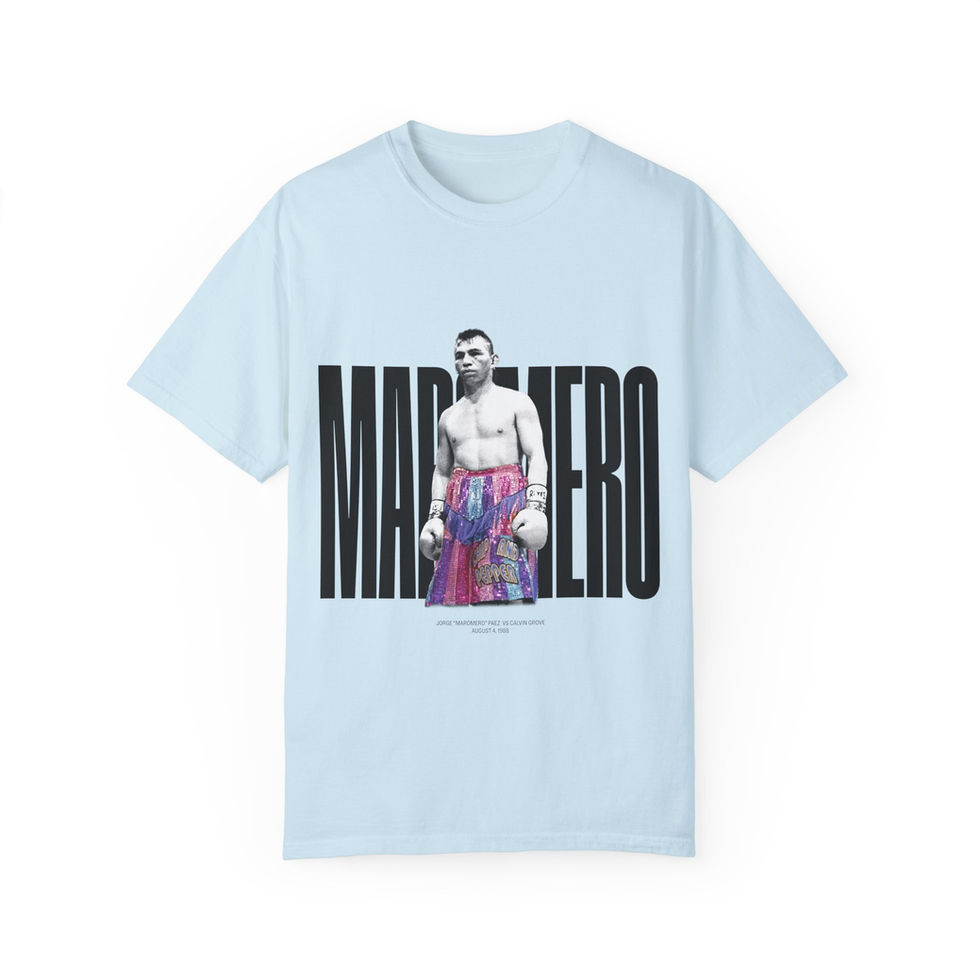 Light blue T-shirt showcasing a flamboyant Maromero graphic and August 4, 1988 text, perfect for boxing memorabilia fans.