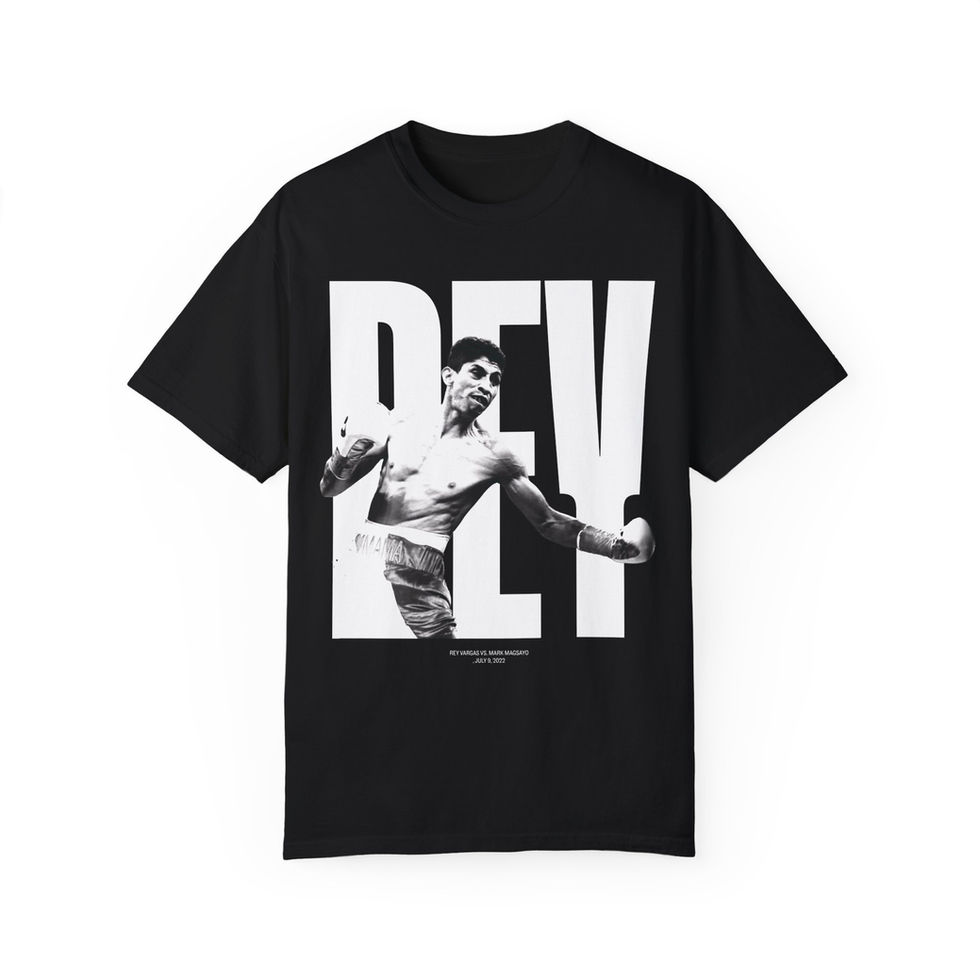 Black Rey Vargas vs Mark Magsayo boxing tribute T-shirt featuring white fight graphic and large 'REV' letters