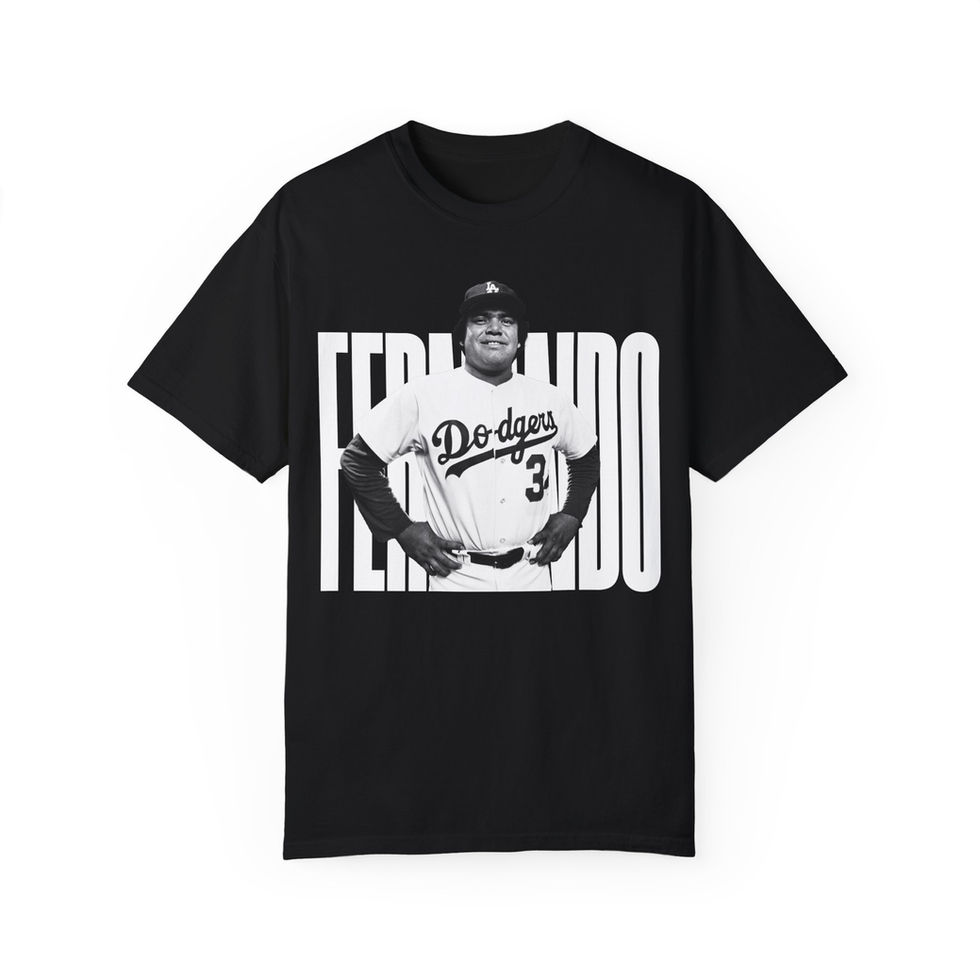 Black Fernando Valenzuela Dodgers T-shirt featuring white portrait graphic and team logo