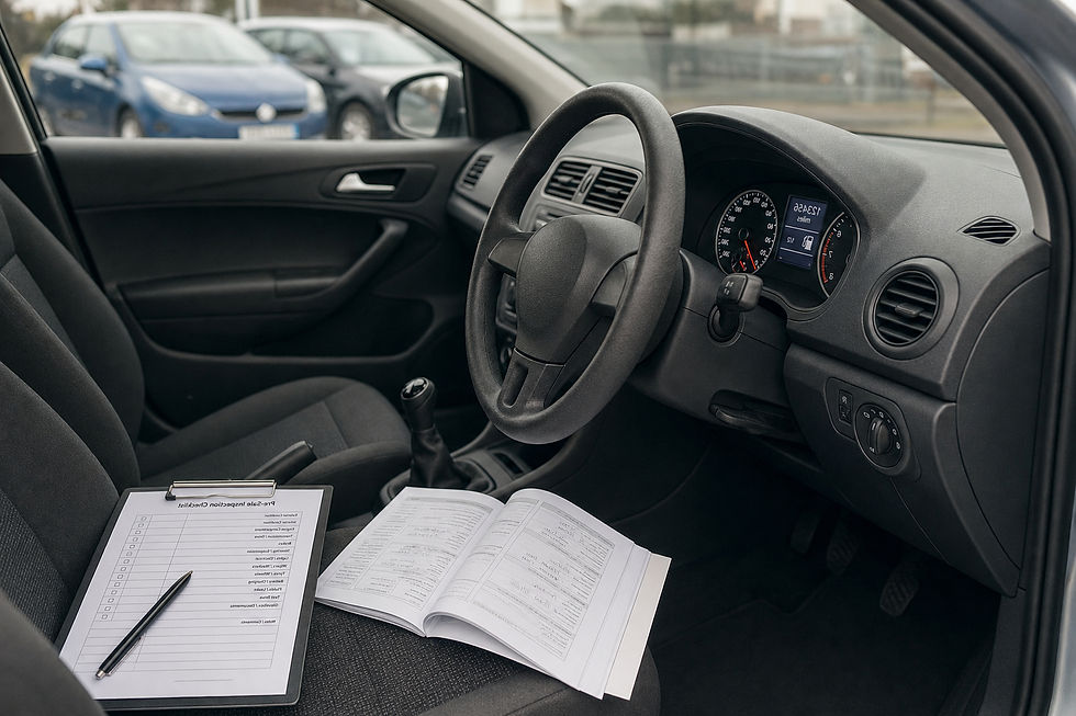 Car interior with an open inspection checklist and paperwork on the passenger seat.