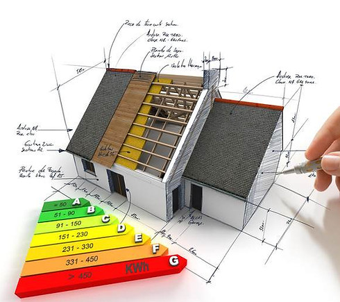 A hand sketches a 3D house with solar panels, illustrating energy efficiency