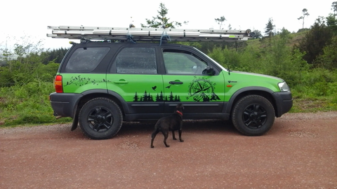 A green SUV with a nature-themed design parked on a gravel road