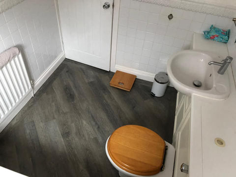 A small bathroom with wood-effect flooring
