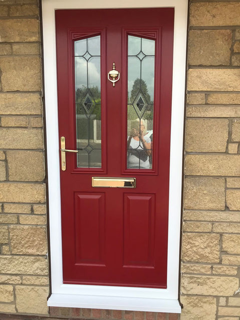 a red door with glass