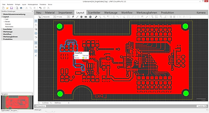 Software interface displaying a bright red circuit board with four holes