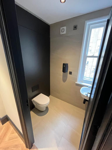 A bathroom with a toilet, sink, and window