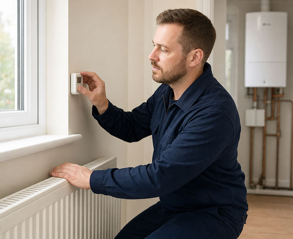 A man in overalls adjusts a thermostat next to a radiator in a room with a boiler.