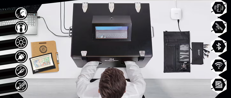 Top view of a workspace with a person using a hi-tech device