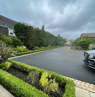 A well-maintained driveway lined with lush greenery