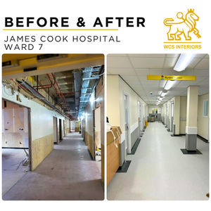 Before and after images showing a hospital hallway transformation