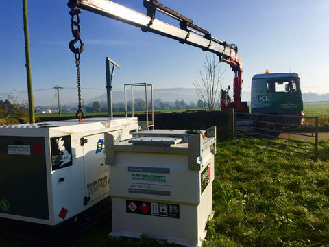 A crane lifting a large machine in a field