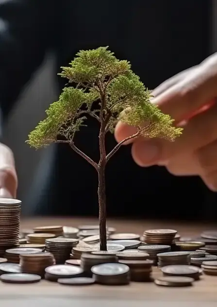 A small tree grows from a pile of coins on a wooden surface