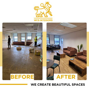 Before and after images showing a room transformation with new furniture and decor