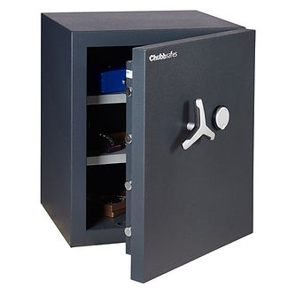 A dark-coloured open safe