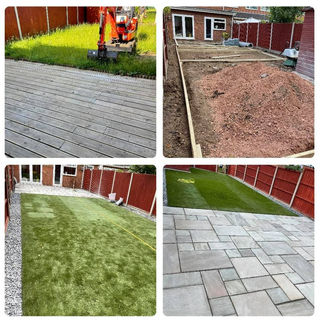 Four images show the progression of a backyard