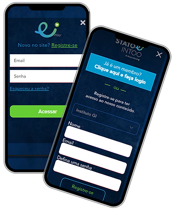 Dois celulares estão posicionados um sobre o outro. O celular de baixo exibe a tela inicial do site da StatoPlay, com destaque para a página “Registre-se”. Já o celular de cima mostra a tela de cadastro da plataforma, onde é possível ver os campos preenchíveis: “Instituto GI” no campo da empresa, seguido pelos campos de “nome”, “e-mail” e “definir uma senha”.