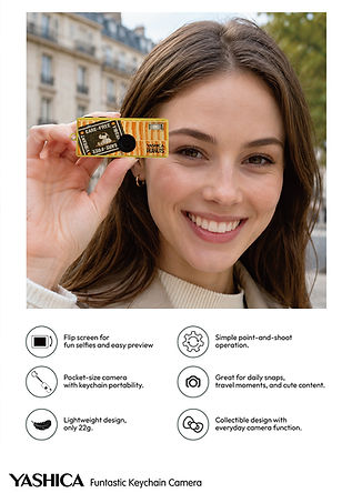 Smiling woman holding the YASHICA x PEANUTS FUNtastic Keychain Camera (Sweet Dreams Home) with 6 key features detailed below