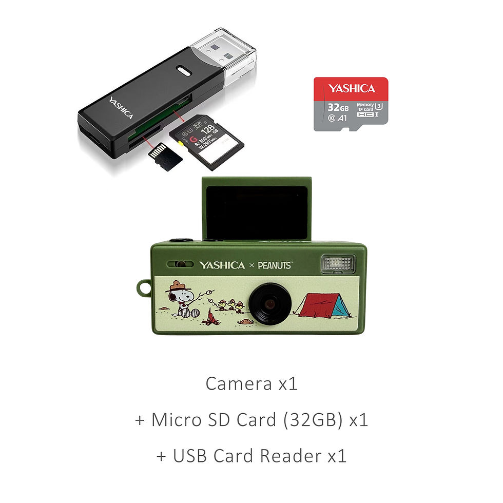 Thumbnail: A YASHICA x Peanuts Funtastic Keychain Camera (Snoopy's Summit), a YASHICA USB Card Reader and a YASHICA microSD Card (32GB)