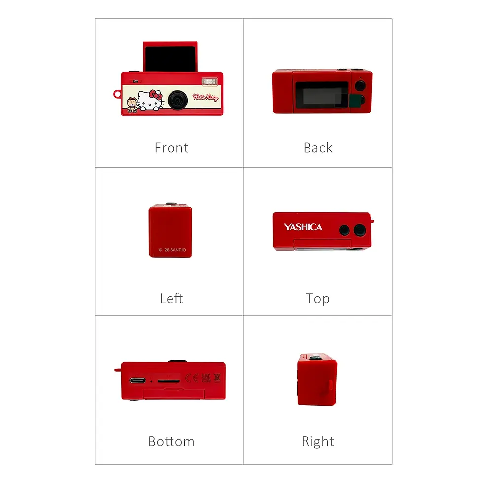 Thumbnail: Top, bottom, left, right, front and back view of YASHICA Funtastic Keychain Camera (Classic Hello Kitty)