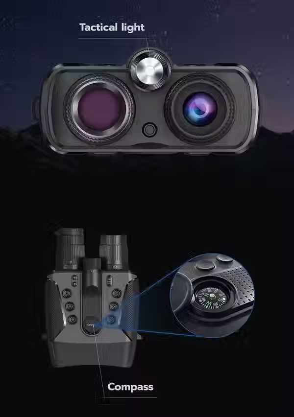 Images indicating the locations of the tactical light and compass on YASHICA Vision.